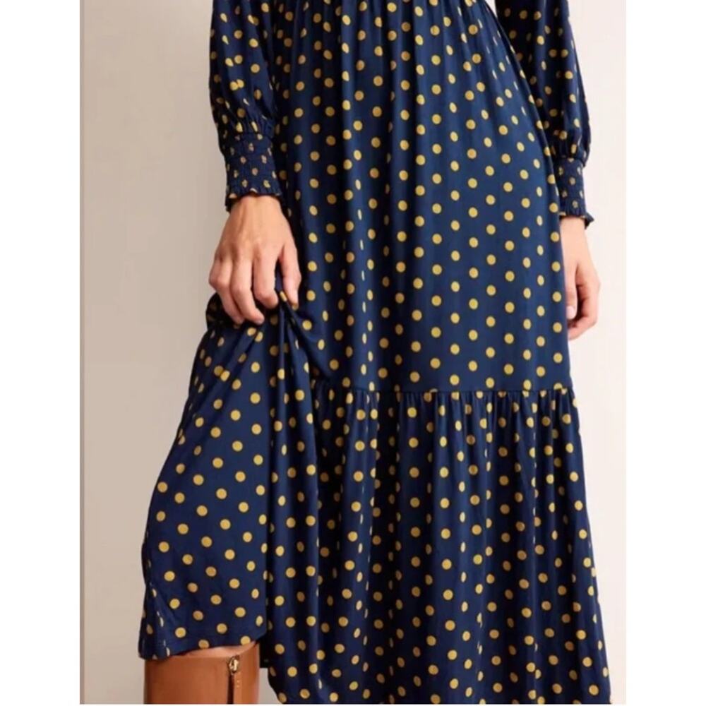 Boden Rosanna Long Sleeve Tea Dress Polka Dot Ruched Pockets Stretchy Modest 12R - Picture 2 of 14